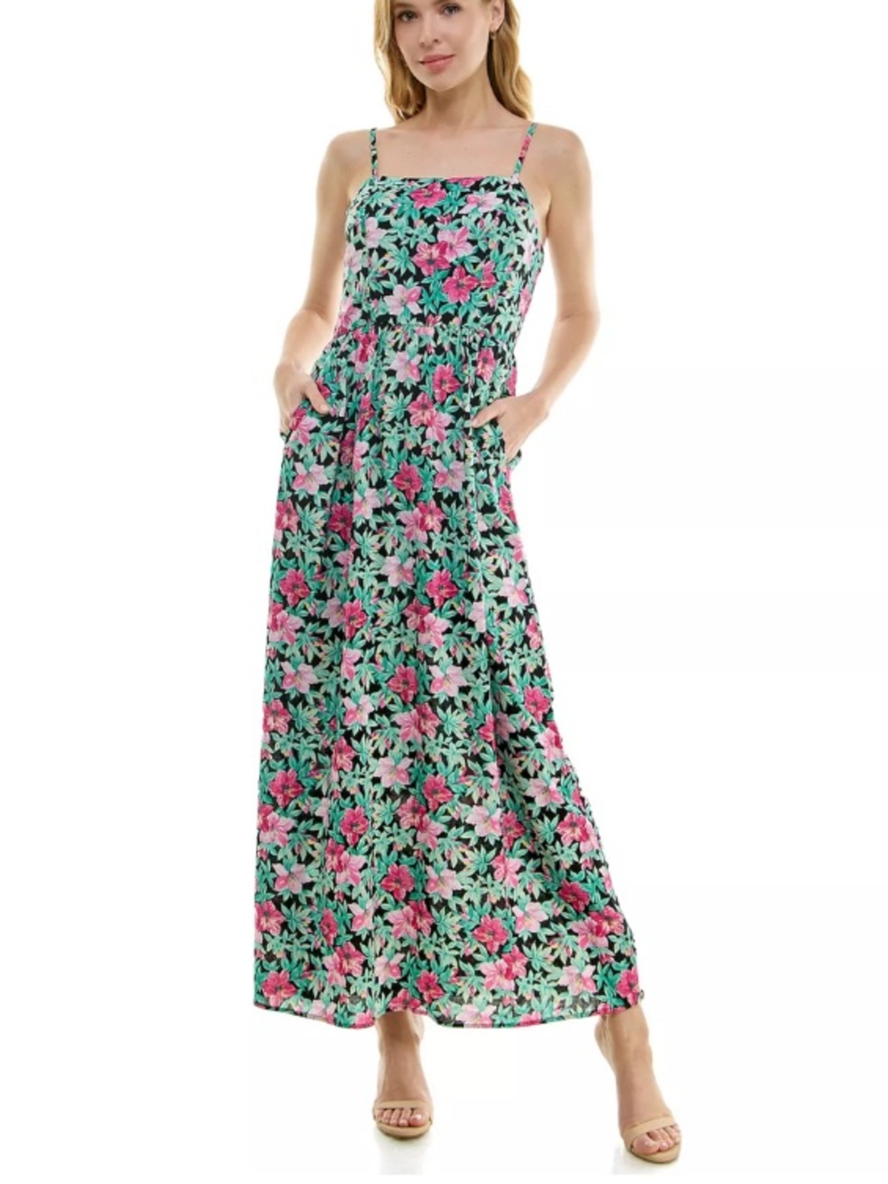 Lily Rose Black Maxi Dress with Pink Floral Print size M